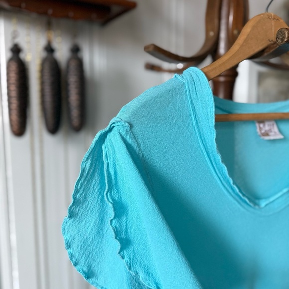 Vintage Gauze Cotton Sky Blue Short Sleeve Midi Summer Dress - Picture 3 of 6